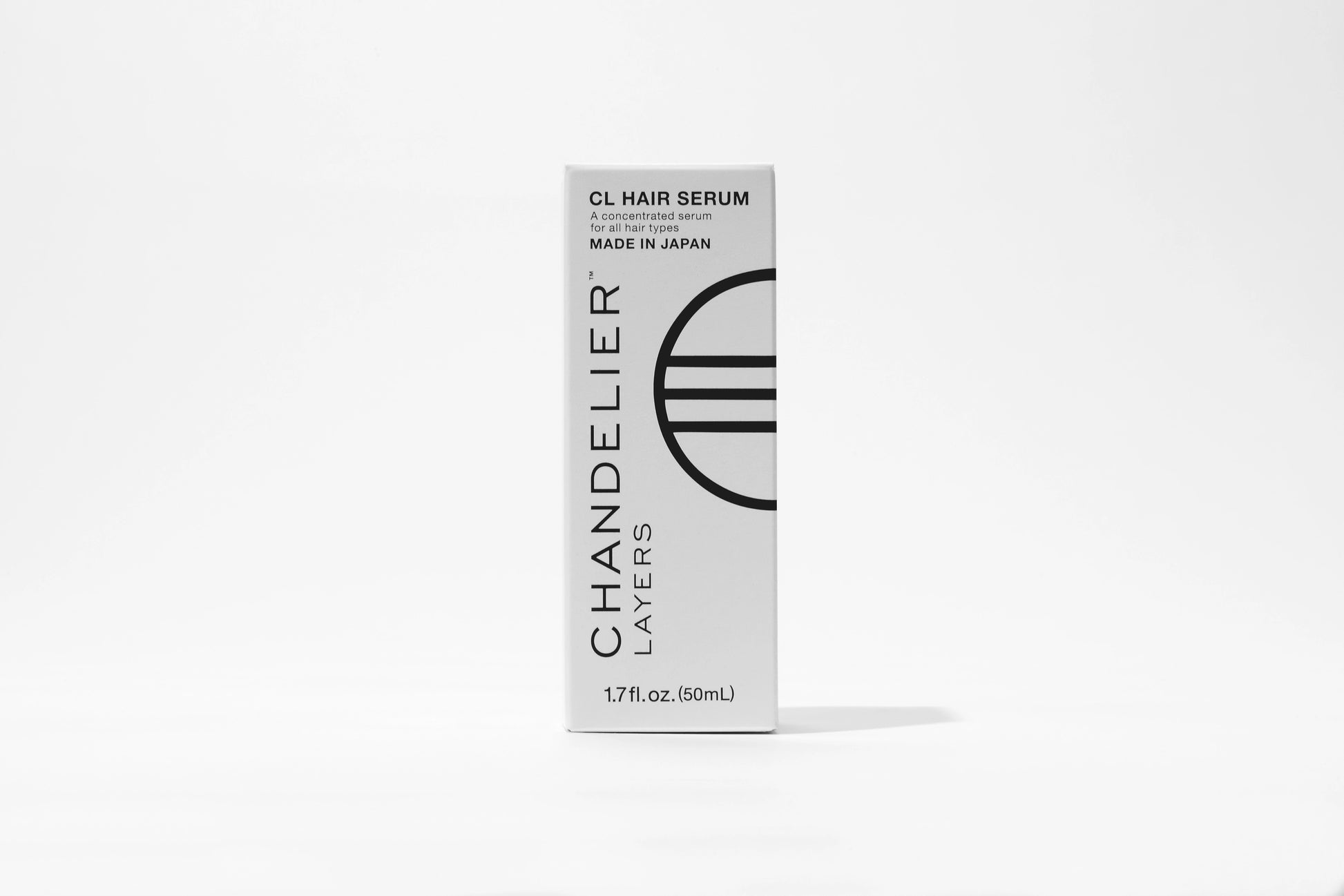 Chandelier Layers CL Hair Serum in a tall, slim white box with black text and logo, set against a clean white background.